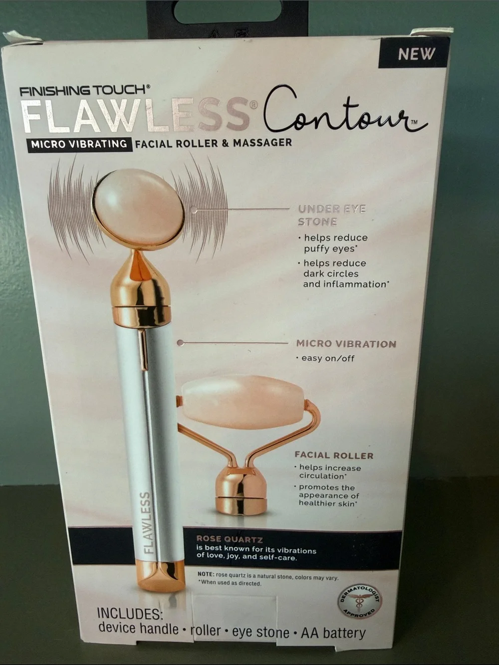 Finishing Touch Flawless Contour Rose Quartz Facial Roller - New in Box